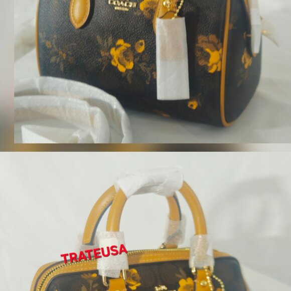 Mini Rowan Crossbody Bag In Signature Canvas Floral Print CCF31 Walnut Yellow - Picture 8 of 16